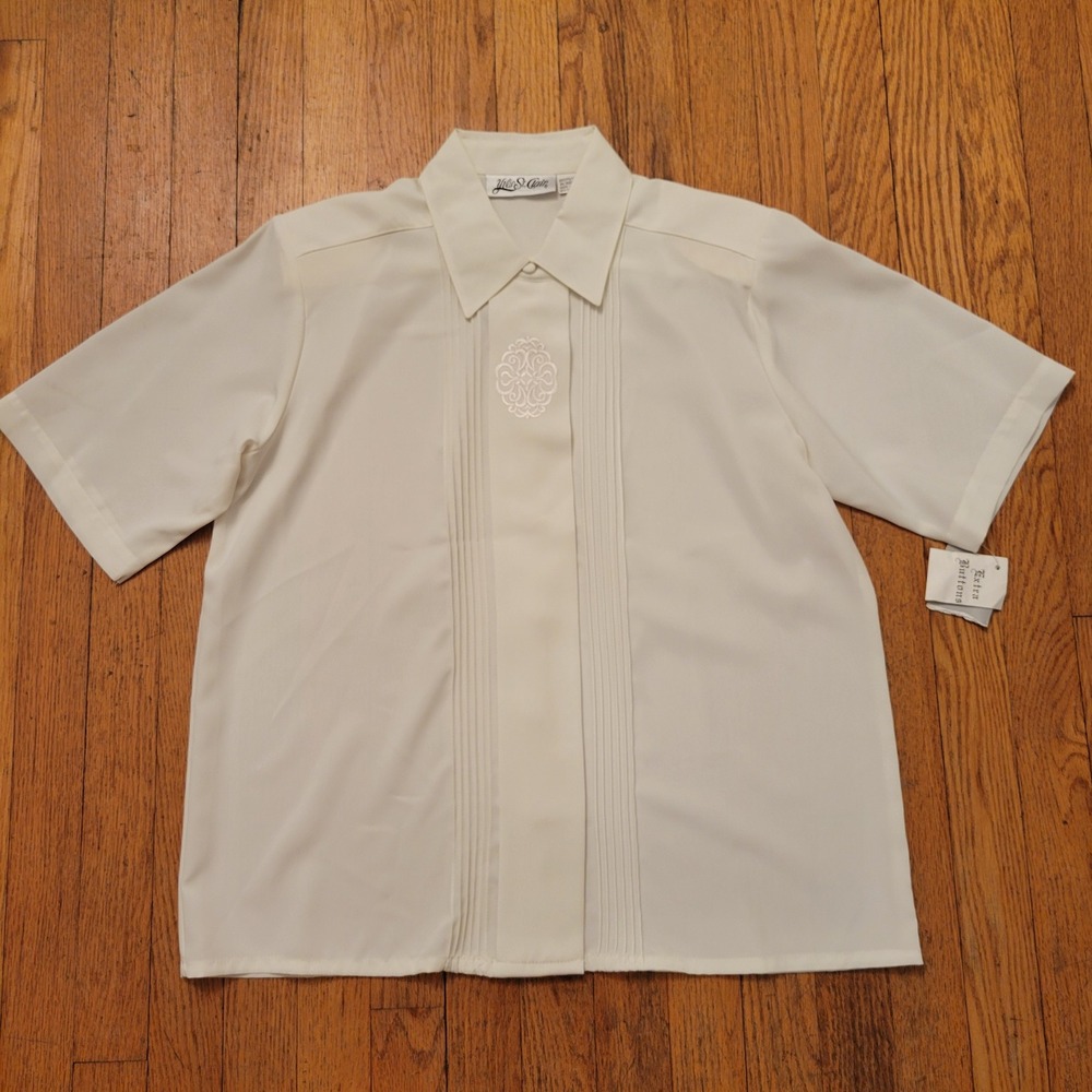 Yves St Clair 14 Blouse Cream Embroidered Pintuck Short Sleeve VINTAGE Granny